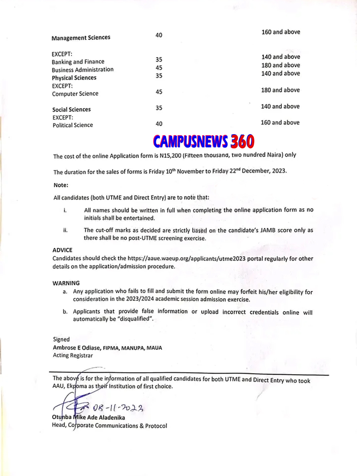 AAU Post UTME Form 2023/2024 Released