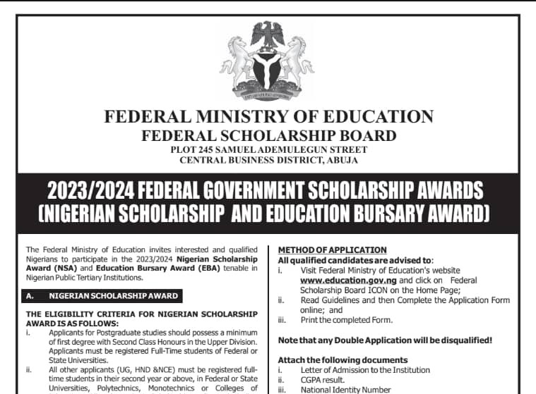 2023/2024 Federal Government Scholarship Awards and Bursary