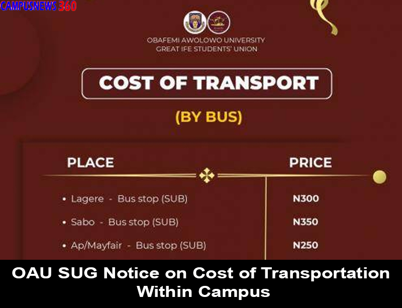 OAU SUG Notice on Cost of Transportation Within Campus