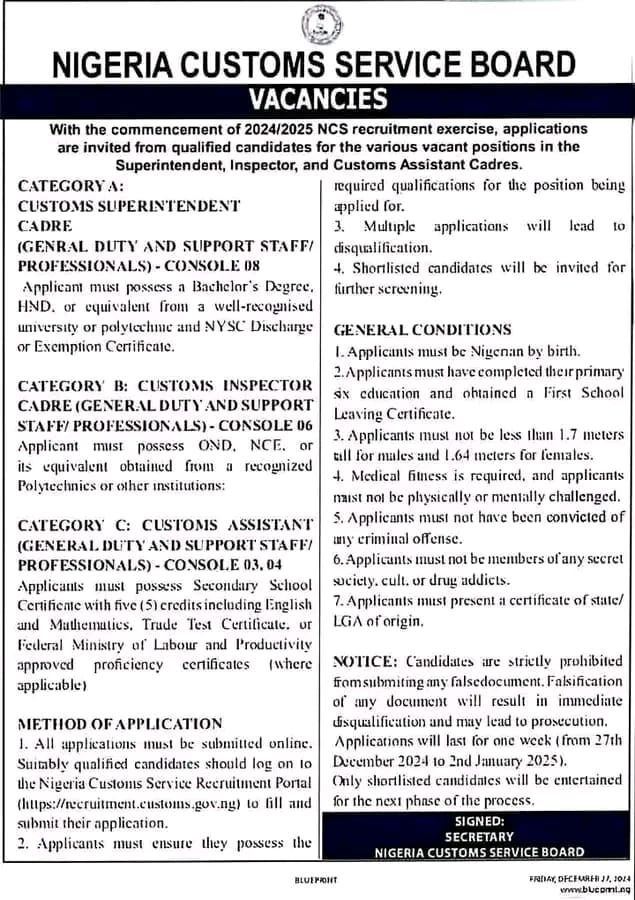 Nigerian Customs Services Recruitment 2024/2025 - Apply Here