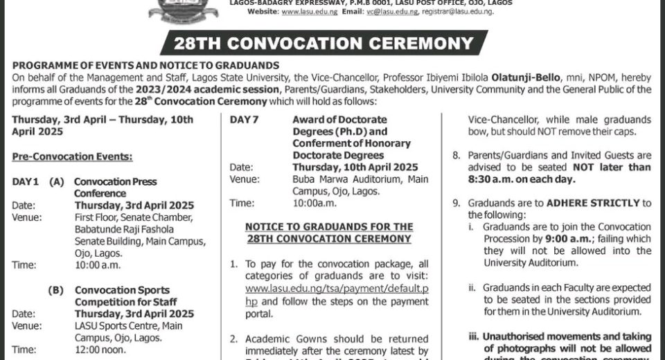 LASU 28th Convocation program of events