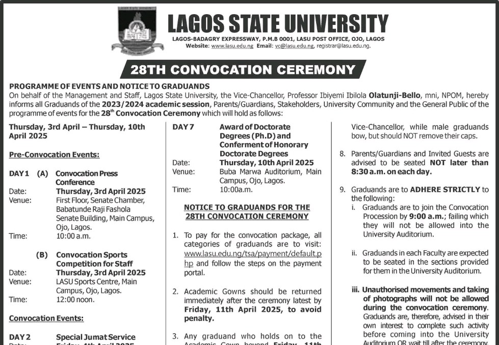 LASU 28th Convocation program of events